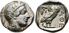 GRIECHISCHE MÜNZEN ATTIKA. Athen. (D) Tetradrachme (17,19 g), ca. 454-404 v. Chr. Av.: Kopf der Athena mit attischem Helm und Lorbeerkranz n.r. Rv.: AΘE, Eule n.r., Kopf v.v., dahinter Olivenzweig und