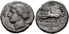 GRIECHISCHE MÜNZEN SICILIA. Syrakus. Agathokles (317-289 v. Chr.) Tetradrachme (17,76 g), ca. 317-310 v. Chr. Av.: Kopf der Arethusa mit Schilfkranz und umgeben von drei Delphinen n.l. darunter NI. Rv