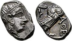 GRIECHISCHE MÜNZEN ATTIKA. Athen. Tetradrachme (17,13 g), ca. 353-294 v. Chr. Av.: Kopf der Athena mit attischem Helm und Lorbeerkranz n.r. Rv.: AΘE, Eule n.r., Kopf v.v., dahinter Olivenzweig und Mon