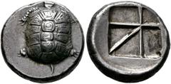 GRIECHISCHE MÜNZEN AIGINA. Aigina. Stater (12,23 g), ca. 370 v. Chr. Av.: Landschildkröte Rv.: Quadratum Incusum mit fünf vertieften Segmenten. SNG Cop 516-517, BMC 137.146-138.163. Scharf ausgeprägte