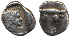 Ancient coins Ancient, Greek coins, Phocis. (ca. 457–446 BC.) Hemidrachm or triobol, 2.93g. Bull's head facing / Head of Artemis right in shallow incuse square. VF