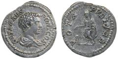 Ancient, Roman Empire, Geta (198-209 AD) RIC 38b AR denarius ND(203-209) 2.89 g. Obv: GETA CAES PONT COS Bare-headed and draped bust of Geta to right. Rev: VOTA PVBLICA Geta, togate, standing left, sa