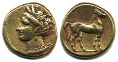 Ancient, Greek coins, Electrum Stater or Shekel of Carthage, Zeugitana (c. 310–290 BC). Wreathed head of Tanit left, wearing triple-pendant earring and necklace / Horse standing right on double ground