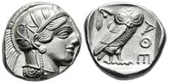 Greek Coins Attica. Tetradrachm. 454-404 BC. Athens. (Gc-2526). (Sng Cop-31). Anv.: Head of Athena right, wearing crested Attic helmet ornamented with three olive leaves above visor and spiral palmett