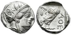 Greek Coins Attica. Tetradrachm. 454-404 BC. Athens. (Gc-2526). (Sng Cop-31). Anv.: Head of Athena right, wearing crested Attic helmet ornamented with three olive leaves above visor and spiral palmett