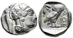 Greek Coins Attica. Tetradrachm. 454-404 BC. Athens. (Gc-2526). (Sng Cop-31). Anv.: Head of Athena right, wearing crested Attic helmet ornamented with three olive leaves above visor and spiral palmett