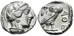 Greek Coins Attica. Tetradrachm. 454-404 BC. Athens. (Gc-2526). (Sng Cop-31). Anv.: Head of Athena right, wearing crested Attic helmet ornamented with three olive leaves above visor and spiral palmett