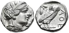 Greek Coins Attica. Tetradrachm. 454-404 BC. Athens. (Gc-2526). (Sng Cop-31). Anv.: Head of Athena right, wearing crested Attic helmet ornamented with three olive leaves above visor and spiral palmett
