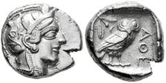 Greek Coins Attica. Tetradrachm. 454-404 BC. Athens. (Gc-2526). (Sng Cop-31). Anv.: Head of Athena right, wearing crested Attic helmet ornamented with three olive leaves above visor and spiral palmett
