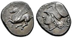 Greek Coins Corinthia. Corinth. Stater. 375-300 BC. (Pegasi-461). (BCD-Corinth 135). (Hgc-4,1848). Anv.: Pegasos flying to left; Ϙ below. Rev.: Helmeted head of Athena to left; Δ-I flanking neck; to r