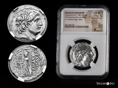 Greek Coins Seleukid Kingdom. Antiochos VII. Tetradrachm. 138-129 BC. (Hgc-287). Anv.: Diademed head right of Antiochos VII. Rev.: Athena standing left holding Nike. Ag. 16,50 g. Slabbed by NGC as Ch 