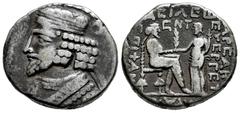 Greek Coins Kingdom of Parthia. Gotarzes II. Tetradrachm. 43-44 AD. Seleukeia on the Tigris. (Sellwood-65.1). (DCA-631). Anv.: Diademed bust left. Rev.: Gotarzes seated right, receiving diadem from Ty