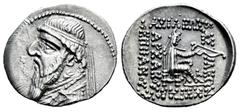 Greek Coins Kingdom of Parthia. Mithradates II. Drachm. 120/19-109 BC. Rhagai. (Sellwood-27.1). (Shore-85). (Sunrise-193). Anv.: Diademed and draped bust to left. Rev.: ΒΑΣΙΛΕΩΣ ΒΑΣΙΛΕΩN ΜΕΓΑΛΟY ΑΡΣΑΚ