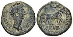 Celtiberian Coins Caesaraugusta. Augustus period. Unit. 27 BC - 14 AD. Zaragoza. (Abh-313). Anv.: AVGVSTVS. DIVI. F. Bare head of Augustus right. Rev.: Pair of oxen right, II. VIR below, CAESAR. AVGVS