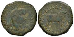 Celtiberian Coins Calagurris. Time of Tiberius. Unit. 14-36 a.C. Calahorra (La Rioja). (Abh-430). (Acip-3130). Anv.: TI. CAESAR. DIVI. AVG. F.AVGVSTVS. Laureate head of Tiberius right. Rev.: Bull righ
