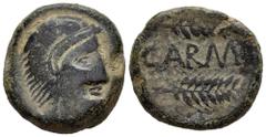 Celtiberian Coins Carmo. Unit. 80 BC. Carmona (Sevilla). (Abh-466 as Semis). Anv.: Head of Hercules right, with lion skin. Rev.: Two ears of corn right, CARM(O) in between. Ae. 19,05 g. Almost VF. Est
