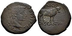 Celtiberian Coins Cascantum. Time of Tiberius. Unit. 14-36 d.C. Cascante (Navarra). (Abh-690). Anv.: TI. CAESAR. DIVI. (AVG. F. AVGV)STVS. Laureate head of Tiberius right. Rev.: Bull right, (M)VNICIP 