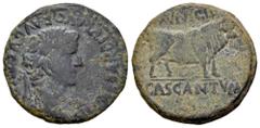 Celtiberian Coins Cascantum. Time of Tiberius. Unit. 14-36 d.C. Cascante (Navarra). (Abh-691). Anv.: TI. CAESAR. DIVI. AVG. F. AVGVSTVS. Laureate head of Tiberius right. Rev.: Bull right, MVNICIP abov