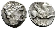 Celtiberian Coins Emporiton-Emporion. Drachm. Century III-II BC. Cataluña. (Abh-1141). Anv.: Female head right with simple crown of ears. Rev.: Pegasus, with Chrysaor head right, greek legend below. A