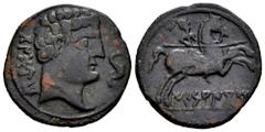 Celtiberian Coins Ikesankom Kombouto. Unit. 120-20 BC. Alcalá de Henares (Madrid). (Abh-1421). (Acip-243/1). Anv.: Male head right, dolphin before, iberian legend KONBOUTO behind. Rev.: Horseman right