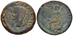 Celtiberian Coins Italica. Time of Tiberius. Dupondius. 14 - 36 AD. Santiponce (Sevilla). (Abh-1591). (Acip-3334). Anv.: (PERM). AVG. (DIVVS. AVGVSTVS. PA)TER. Radiate head of Augustus left, sheaf of 