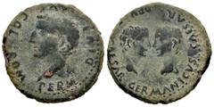 Celtiberian Coins Colonia Romula. Time of Tiberius. Unit. 14-36 AD. Sevilla. (Abh-2016). Anv.: PERM. DIVI. AVG. COL. ROM. around laureate head of Tiberius left. Rev.: Heads of Germanicus and Drusus fa