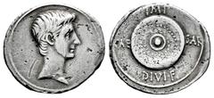 Roman Imperatorial Augustus. Denarius. 31 BC. Mint moving with Octavian. (Ffc-101). (Ric-543a). (Cal-682). Anv.: Bare head of Augustus right. Rev.: IMP., above round shield dividing CAE-SAR DIVI. F. b