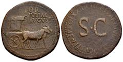 Roman Imperial Livia. Sestertius. 22-23 AD. Rome. (Ric-I 51). (Bmcre-76). (C-6). Anv.: S P Q R IVLIAE AVGVST in three lines above elaborately ornamented carpentum drawn to right by two mules. Rev.: TI