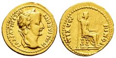 Roman Imperial Tiberius. Aureus. 14-37 AD. Lugdunum. (Ric-I 27). (Bmcre-39). (Cal-305a). Anv.: TI CAESAR DIVI AVG F AVGVSTVS, laureate head to right. Rev.: PONTIF MAXIM, Livia, as Pax, seated to right