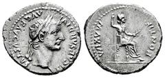 Roman Imperial Tiberius. Denarius. 14-37 AD. Lugdunum. (Ric-30). (Seaby-16a). Anv.: TI CAESAR DIVI AVG F AVGVSTVS. laureate head to right. Rev.: PONTIF MAXIM, Livia, as Pax, seated to right on throne 