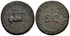 Roman Imperial Nero and Drusus. Dupondius. 37-38 AD. Rome. (Ric-34 (Gaius)). Anv.: NERO ET DRVSVS CAESARES. Nero and Drusus Caesar on horseback riding right, cloaks flying behind them. Rev.: CAESAR AV