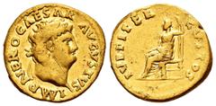 Roman Imperial Nero. Aureus. 66-67 AD. Rome. (Ric-63). (Calicó-413). (Bmcre-77). Anv.: IMP NERO CAESAR AVGVSTVS. Laureate head to right. Rev.: IVPPITER CVSTOS, Jupiter seated to left, holding thunderb