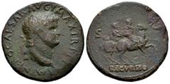 Roman Imperial Nero. Sestertius. 67 AD. Lugdunum. (Ric-I 579). (Bmcre-314). Anv.: IMP NERO CAESAR AVG P MAX TR P P P, laureate head to right. Rev.: Emperor on horseback riding to right, holding spear;