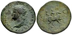 Roman Imperial Nero. Sestertius. 67 AD. Lugdunum. (Ric-I 582). Anv.: IMP NERO CAESAR AVG P MAX TR POT P P, laureate head to left, globe at point of bust. Rev.: DECVRSIO, Emperor prancing to right on h