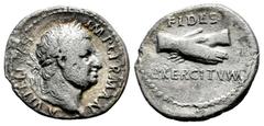 Roman Imperial Vitellius. Denarius. 69 AD. Lugdunum. (Ric-I 53). (Bmcre-114). (Rsc-33a). Anv.: A VITELLIVS IMP GERMAN, laureate head of Vitellius to right, with globe at point of bust. Rev.: FIDES EXE