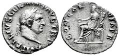 Roman Imperial Vitellius. Denarius. 69 AD. Rome. (Ric-90). (Rsc-20). Anv.: A VITELLIVS GERM IMP TR P, laureate head right. Rev.: CONCORDIA P R, Concordia seated left, holding patera and cornucopiae. A