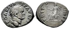 Roman Imperial Vespasian. Denarius. 71 AD. Rome. (Ric-II 1.41). (Bmcre-61). (Rsc-566). Anv.: (I)MP CAES VESP AVG P (M), laureate head to righ. Rev.: TRI PO(T II CO)S III P P, Pax seated to left, with 