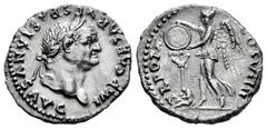 Roman Imperial Vespasian. Denarius. 79 AD. Rome. (Ric-II 1.1068). (Bmcre-246). (Rsc-552). Anv.: IMP CAESAR VESPASIANVS AVG, laureate head right. Rev.: TR POT X COS VIIII, Victory standing left, placin