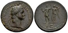 Roman Imperial Domitian. Sestertius. 90-91 AD. Rome. (Ric-II 1.532). Anv.: IMP CAES DOMIT AVG GERM P M COS XIIII CENS PER P P, laureate head to right. Rev.: Emperor standing to left, holding thunderbo