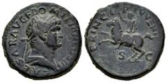Roman Imperial Domitian. Dupondius. 73-74 d.C. Rome. (Ric-II 1.662). (Bmcre-686). Anv.: CAESAR AVG F DOMITIAN COS II, laureate and draped bust to right. Rev.: PRINCIP IVVENT, Domitian on horseback rea