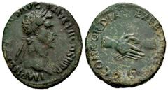 Roman Imperial Nerva. Unit. 97 AD. Rome. (Ric-II 79). (Bmcre-128). (C-21). Anv.: IMP NERVA CAES AVG P M TR P COS III P P, laureate head to right. Rev.: CONCORDIA EXERCITVVM, clasped hands; SC below. A