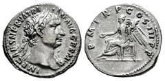 Roman Imperial Trajan. Denarius. 101-102 AD. Rome. (Ric-57). (Bmcre-130). (Rsc-239). Anv.: IMP CAES NERVA TRAIAN AVG GERM, laureate head to right. Rev.: P M TR P COS IIII P P, Victory seated to left, 