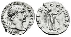 Roman Imperial Trajan. Denarius. 98-111 AD. Rome. (Ric-59). (Bmc-106). (C-241a). Anv.: IMP CAES NERVA TRAIAN AVG GERM. Busto laureado a derecha. Rev.: P M TR P COS IIII P P. Victoria en pie a a derech