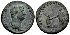 Roman Imperial Hadrian. Sestertius. 134-138 AD. Rome. (Ric-II 1866). (Banti-661). Anv.: HADRIANVS AVG COS III P P.Bareheaded and draped bust right. Rev.: RESTITVTORI HIS(PANIAE), Hadrian standing left