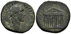 Roman Imperial Antoninus Pius. Sestertius. 140-144 AD. Rome. (Ric-651). (Bmcre-1322). (C-1075). Anv.: ANTONINVS AVG PIVS P P TR P COS III, laureate head to right with draped over the shoulder. Rev.: R