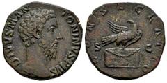 Roman Imperial Divus Marcus Aurelius. Sestertius. 180 AD. Rome. Struck under Commodus. (Ric-657). Anv.: DIVVS M ANTONINVS PIVS, bare head right. Rev.: CONSECRATIO, eagle standing right, with head left