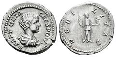 Roman Imperial Geta. Denarius. 200-202 AD. Rome. (Ric-IV 13a). (Bmcre-223). (Rsc-90). Anv.: P SEPT GETA CAES PONT, bare-headed and draped bust to right. Rev.: NOBILITAS, Nobilitas standing facing, hea