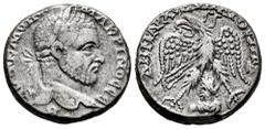Roman Imperial Macrinus. Seleucis and Pieria. Tetradrachm. 217-218 AD. Emesa. (Prieur-972). Anv.: AYT K M OΠ CЄ MAKPINOC CЄB, Laureate bust right. Rev.: ΔΗΜΑΡX ЄΞ ΥΠΑΤΟC ΠΠ, eagle standing facing, hea