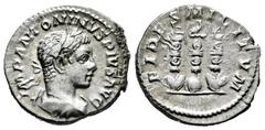 Roman Imperial Elagabalus. Denarius. 218-222 AD. Rome. (Ric-IV 78). (Bmcre-202). (Rsc-44). Anv.: IMP ANTONINVS PIVS AVG, laureate and draped bust to right. Rev.: FIDES MILITVM, aquila between two sign