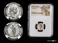 Roman Imperial Severus Alexander. Denarius. 222-235 AD. Rome. (Ric-101). (Bmc-623). Anv.: IMP SEV ALEXAND AVG Laureate head of Severus Alexander to right. Rev.: P M TR P VIIII COS III P P Sol standing